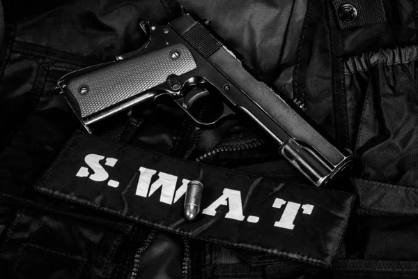 Swat Special Weapons Tactics Team Equipment Hand Gun Black Uniform — Fotografia de Stock