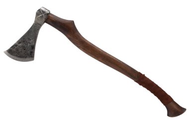 antique battle axe with wooden handle on white background clipart