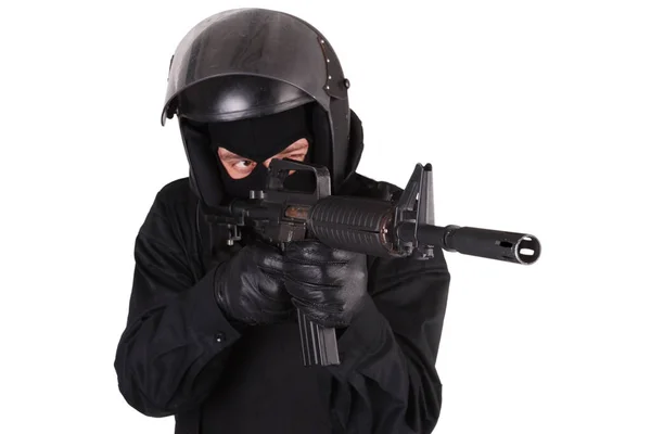 Riot Police Officer Black Uniform Fires Assaut Rifle Isolated White — Stock Photo, Image