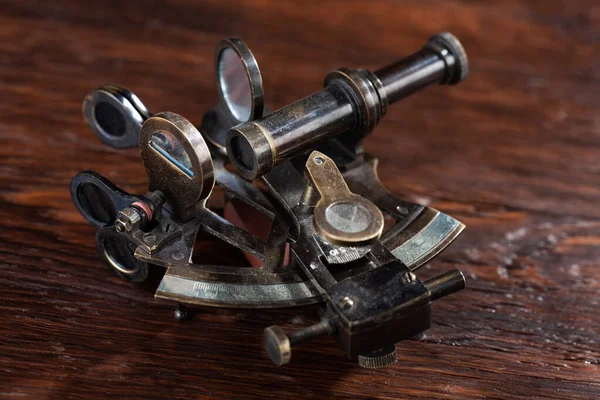 Old Brass Sextant Wooden Table Background —  Fotos de Stock