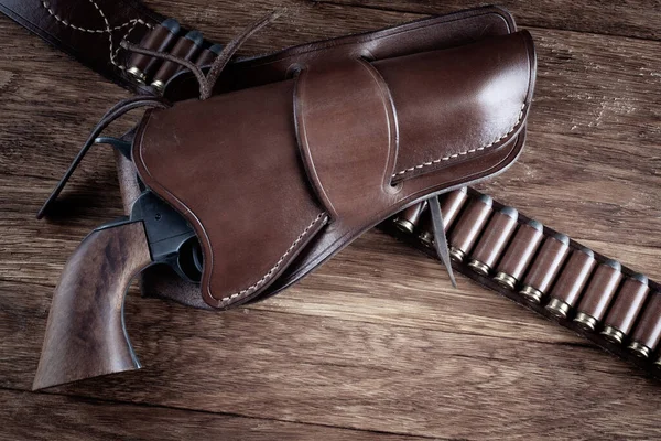 Old West Weapon Colt Revolver Gunbelt Holster Wooden Deck Sepia — Foto de Stock