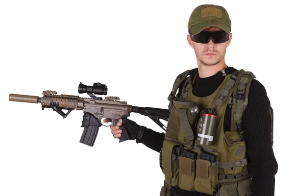 Military Contractor Infantryman Assault Rifle Isolated White — Stock Photo, Image