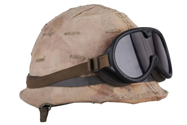Army Helmet Vietnam War Period Camouflage Cover Goggles Isolated White — Stock Photo, Image