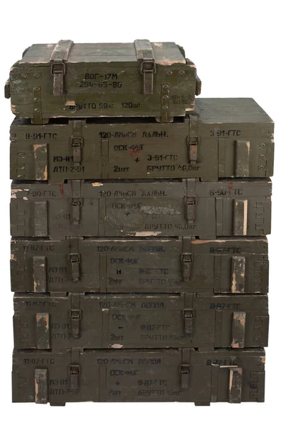 Munitionsstapel Aus Grünen Kisten Der Sowjetischen Armee Text Auf Russisch — Stockfoto