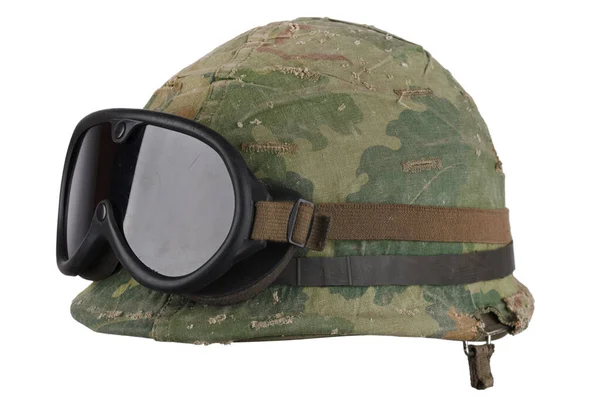 Army Helmet Vietnam War Period Camouflage Cover Goggles Isolated White — Stock Photo, Image