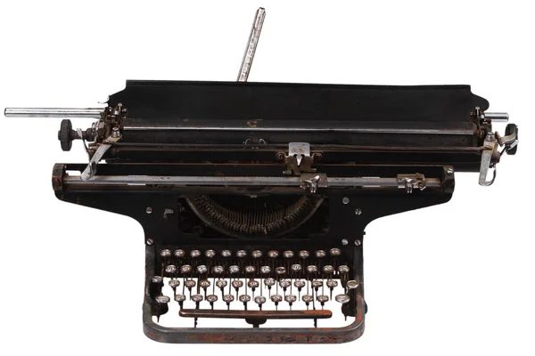 Velha Máquina Escrever Antiga Com Chaves Russas Isoladas Fundo Branco — Fotografia de Stock