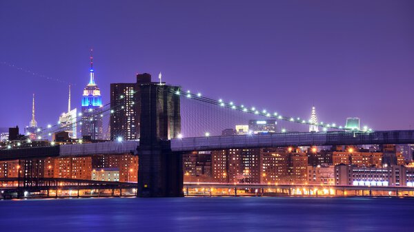 Brooklyn Bridge and famed skyscrapers in New York City
