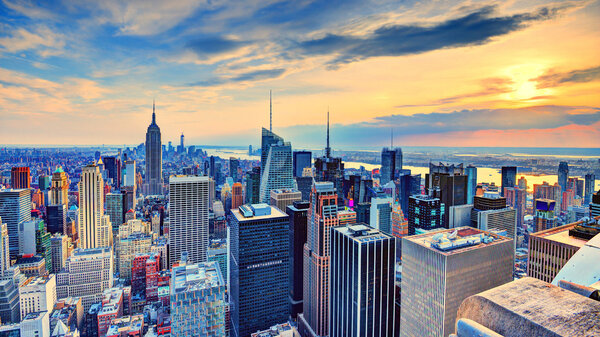 New York City, USA midtown skyline at dusk.