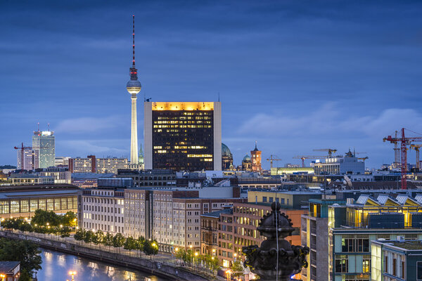 Berlin, Germany city skyline at night.