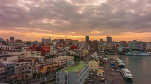 Naha Okinawa Japan Şehir Manzarası Tomari Bağlantı Noktası Üzerinden Şafak — Stok video