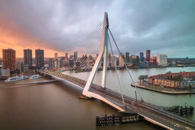 Rotterdam, Hollanda, alacakaranlıkta şehir silueti.