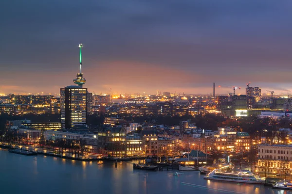 Rotterdamn Hollandia Városképe Nieuwe Maas Folyón Éjszaka — Stock Fotó