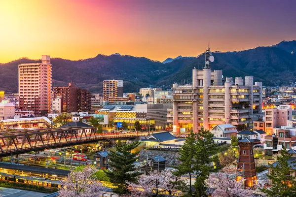Kofu, bahar bitki örtüsü ile alacakaranlıkta şehir cityscape Yamanashi, Japan.
