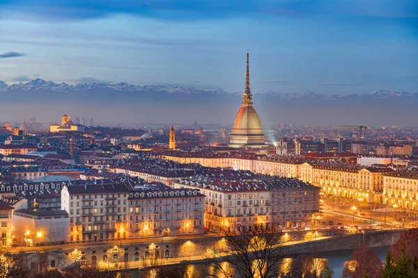 Turim Piemonte Itália Skyline Com Toupeira Antonellina Entardecer — Fotografia de Stock