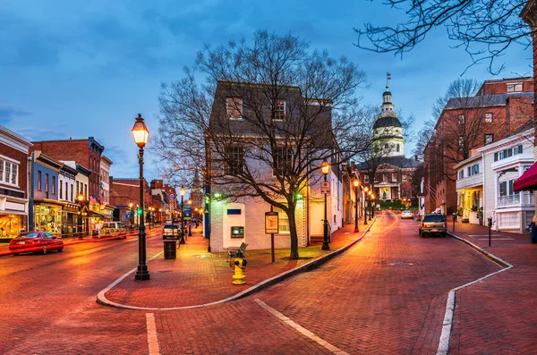 Annapolis Maryland Usa Centrum Stadsbild Main Street Skymningen — Stockfoto