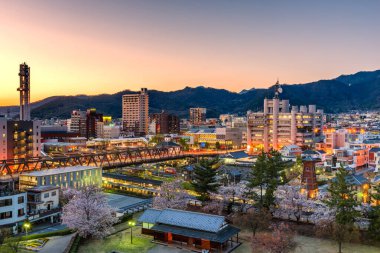 Kofu, bahar bitki örtüsü ile alacakaranlıkta şehir cityscape Yamanashi, Japan.
