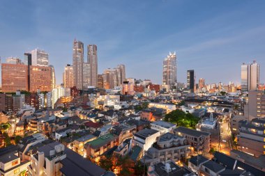 Tokyo, Japonya Batı Shinjuku finans bölgesi ve mahalle alacakaranlıkta yükselişte..