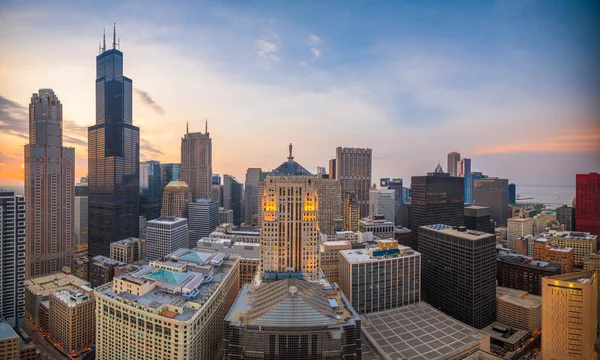 Chicago Illinois Usa Skyline Aéreo Centro Atardecer — Foto de Stock