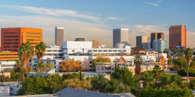 Beverly Hills, California, ABD Çatısı manzaralı Palmiye ağaçlarına odaklı.