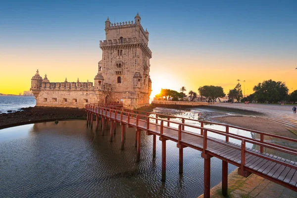 Lizbon Portekiz Tagus Nehri Üzerindeki Belem Kulesi Nde Gün Batımında — Stok fotoğraf