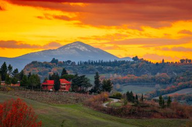 The rural landscape around Orvieto, Umbria, Italy at dusk in autumn.