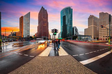 Berlin, Germany city skyline at the Potsdamer platz financial district at dusk.