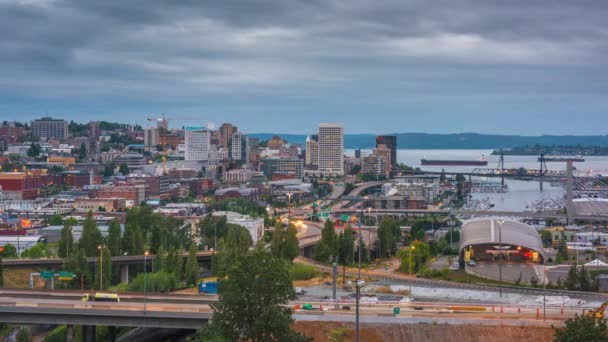 Tacoma Waszyngton Usa Panorama Zmierzchu Nocy — Wideo stockowe