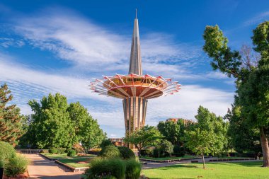 TULSA, OKLAHOMA - SEPTEMBER 3, 2018: The  Prayer Tower at Oral Roberts University. clipart