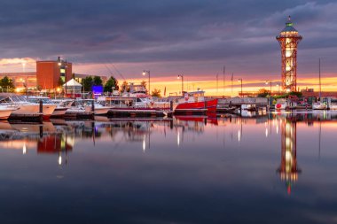 Erie, Pennsylvania, USA and tower at dusk.