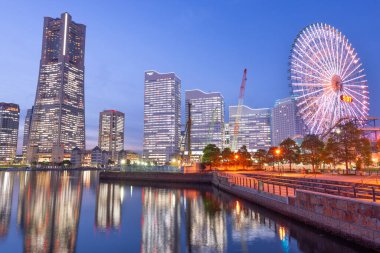 Yokohama, Japan modern high rise cityscape at Minato-mirai at night.