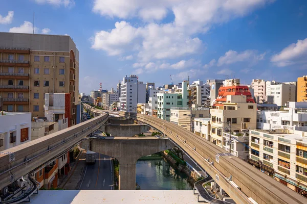 Naha, Okinawa, Japan city skyline from the monorail.