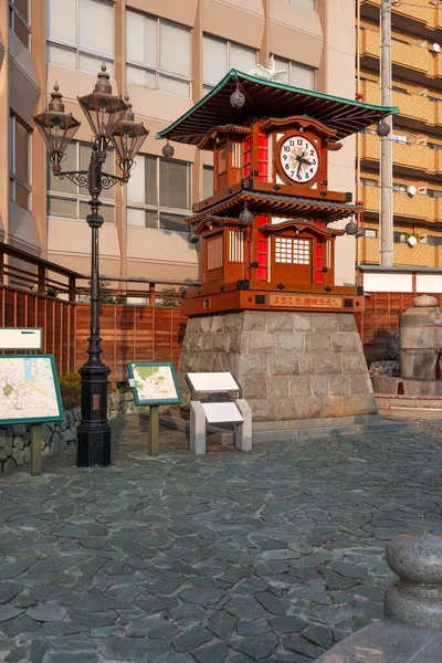 Dogo Onsen Matsuyama Japan Historic Clock Sign Japanese Reading Yokoso — стокове фото