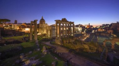 Rome, Italy at the historic Roman Forum ruins from night till dawn.