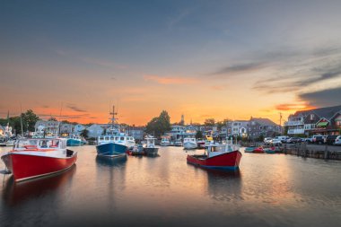 Rockport, Massachusetts, USA downtown and harbor view at dusk.