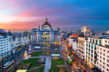 Antwerp, Belgium cityscape snd plaza at dawn.