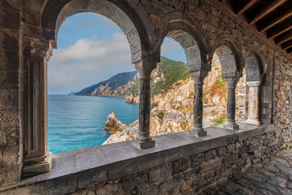 Porto Venere, Italy coastal views from the arcades of St. Peter Church.