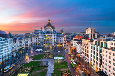Antwerp, Belgium cityscape snd plaza at dawn.
