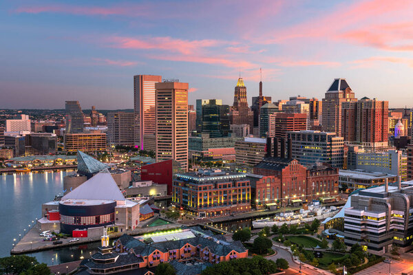 Baltimore, Maryland, USA Skyline on the Inner Harbor at dusk.