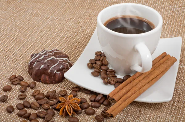 Coffee bean, cinnamon, anise, chocolate thin captain and hot cof — Stock Photo, Image