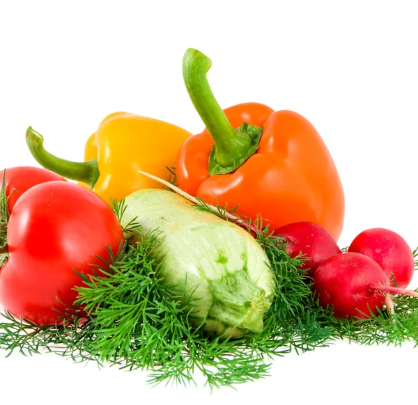 Two peppers, garden radish and tomato on white — Stock Photo, Image