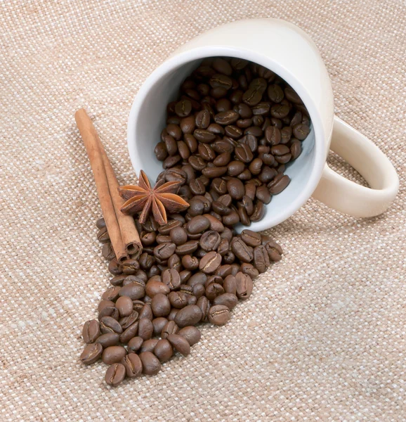 Coffee is a bob, the sticks of cinnamon and anise pour out from — Stock Photo, Image