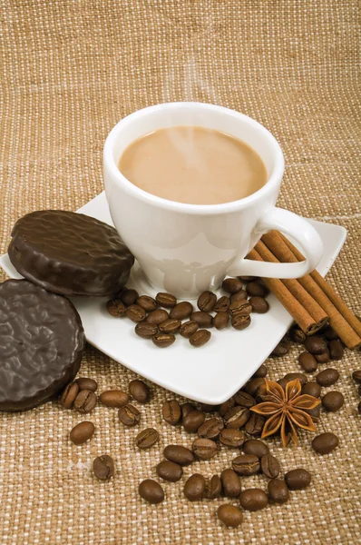 Coffee and milk, cinnamon, anise and biscuits on a background sa — Stock Photo, Image