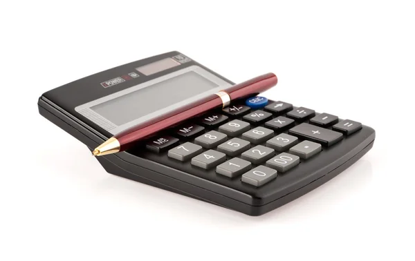 Black calculator and a red pen on a white — Stock Photo, Image