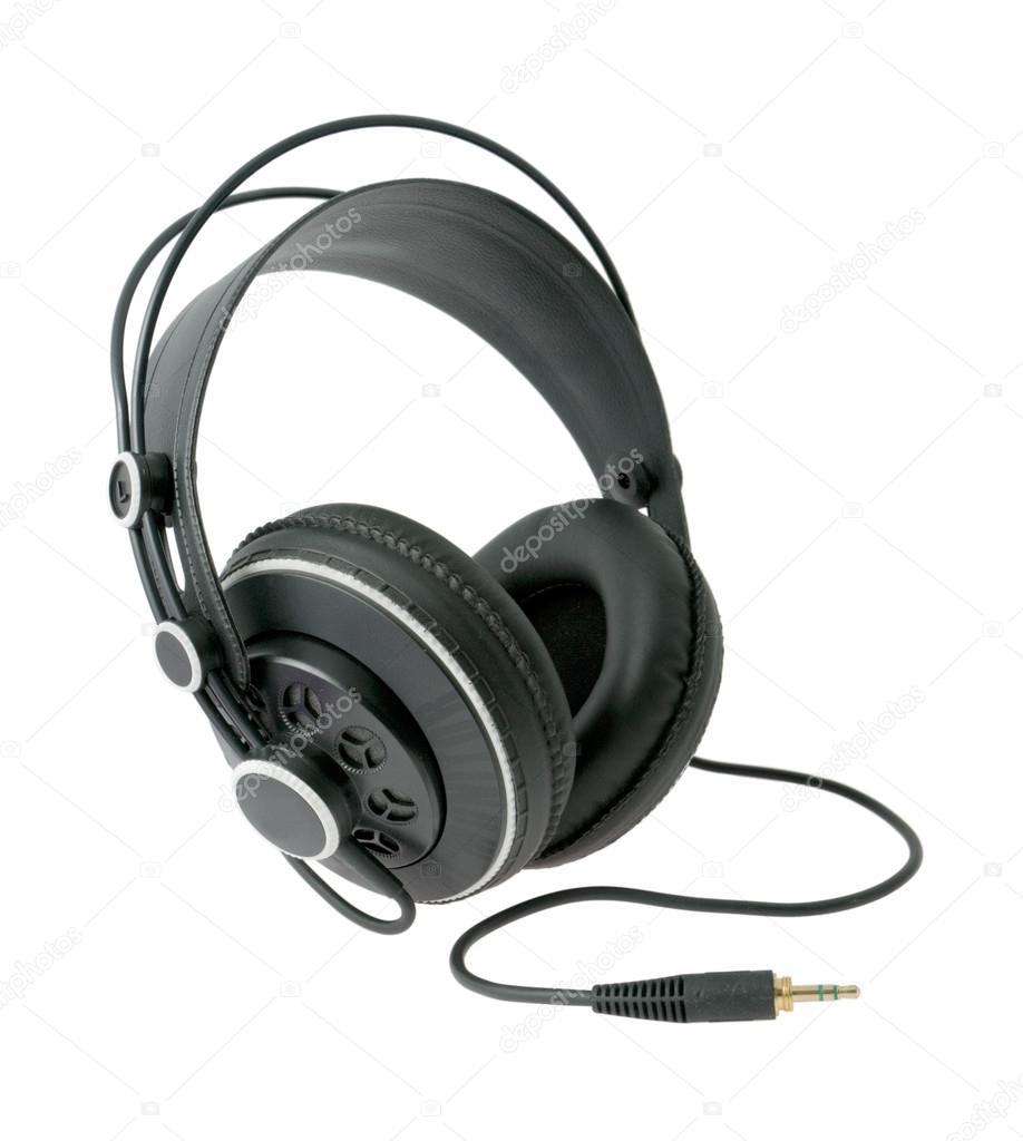 black headsets with a wire on a white background