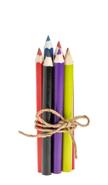 Colored pencils tied with a rope on the white — Stock Photo, Image