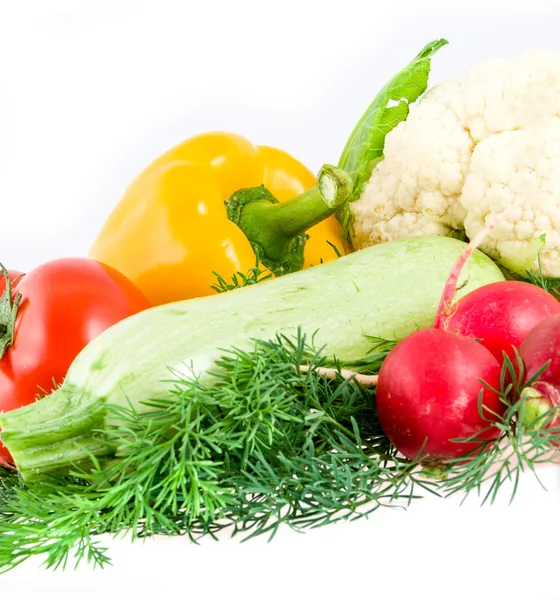 Garden radish, vegetable marrow, pepper and cauliflower on white — Stock Photo, Image