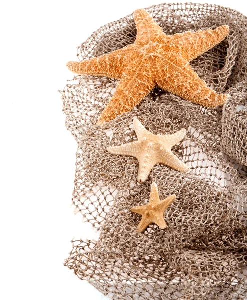 Tres mar las estrellas de diferentes tamaños se encuentran en la red de pesca sobre un fondo blanco — Foto de Stock