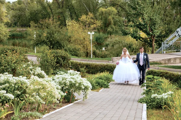 Menyasszony és a vőlegény megy együtt az úton, a parkban — Stock Fotó