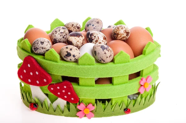 Quail eggs and chicken in green decorative basket on the white — Stock Photo, Image