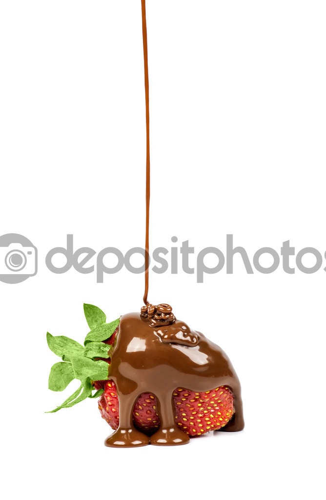 chocolate is poured on strawberries isolated